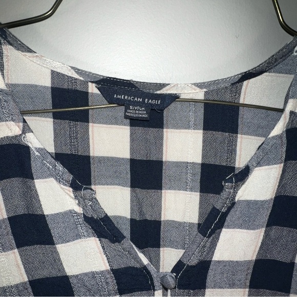 American eagle Black & white Buffalo plaid peplum peasant blouse sz S womens‎ - Picture 2 of 5
